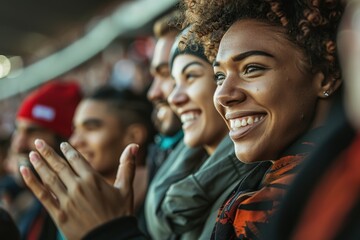 Obraz premium Joyful fans cheering at a soccer game, with bright smiles and excitement in their eyes.