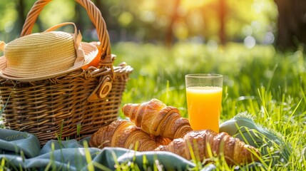 Fresh croissants, a glass of orange juice, and a straw hat are all part of a picnic arrangement in a grassy park, along with a wicker basket