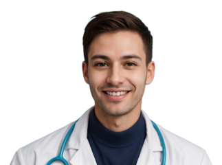 Male medical doctor confidently smiling and looking at the camera, isolated, transparent background, no background. PNG.