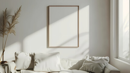Three empty frames in a sunny room against a white wall. Minimalist style art space mockup.Soft day light. AI generated.
