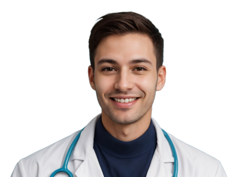 Male medical doctor confidently smiling and looking at the camera, isolated, transparent background, no background. PNG.