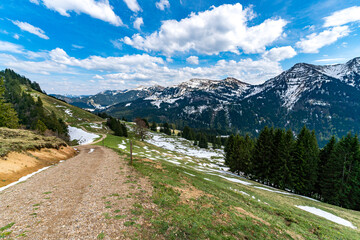 Beautiful panoramic circular hiking trail to the Denneberg at the Nagelfluhkette near Oberstaufen...
