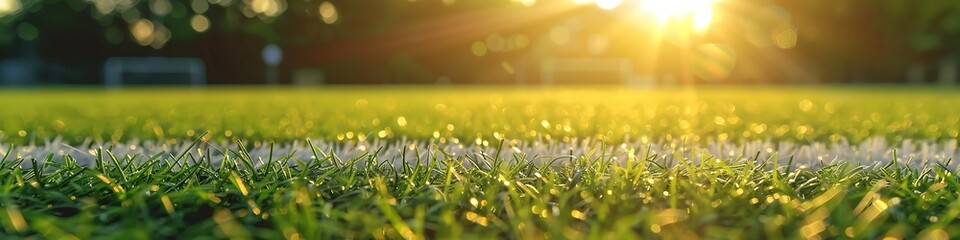 Sunset over a pristine soccer field, with the goal in the background.