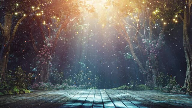 Stage in the forest in glittering light - nature theater - green lush and trees with a 3d stage podium