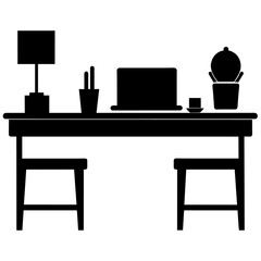 office desk silhouette in various styles, focusing on black colour silhouette 