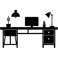 office desk silhouette in various styles, focusing on black colour silhouette 
