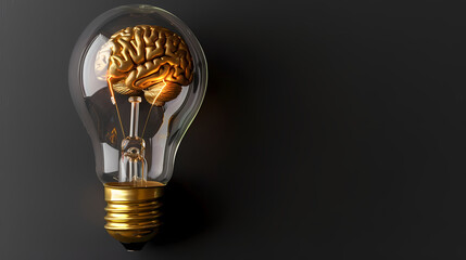 Brainstorm, business startup idea solution concept with gold brain and lightbulb on black background --ar 16:9 