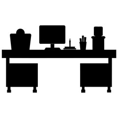 office desk silhouette in various styles, focusing on black colour silhouette 
