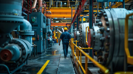 Fototapeta premium A male worker walks through a large, brightly lit industrial plant filled with heavy machinery.