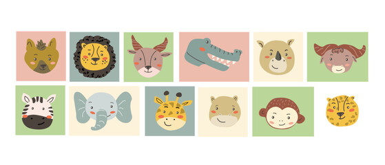 Obraz premium African animals faces set. Cute doodle animal portraits. Hand drawn characters. Tropical and jungle cartoon heads of lion, leopard, hyena, monkey, buffalo. Wild exotic pets set.