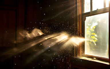 Dust motes float in the sunbeam streaming through the window.
