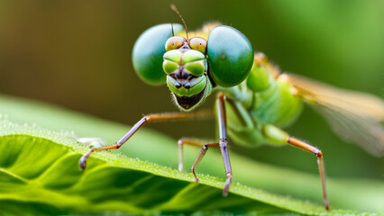 Fototapeta premium dragonfly on a green leaf
