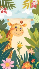 Fototapeta premium Cheerful Giraffe Enjoying Colorful Floral Jungle Landscape