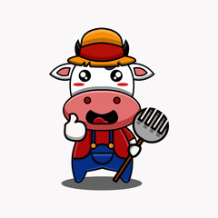 Fototapeta premium cute vector mascot illustration of a cow in a farmer's costume and carrying a fork