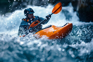 Naklejka premium Lone kayaker caught in the exhilarating moment of descent down the river rapids. - AI Generated