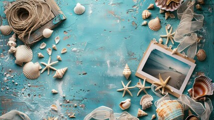 A circular wooden table adorned with aqua seashells and a picture of a beach scene. The combination...