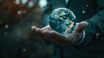 Hands holding circular globe of Earth, containing information and data, in luminous 3D model style,Hand holding our planet earth with network connection lines on dark background,