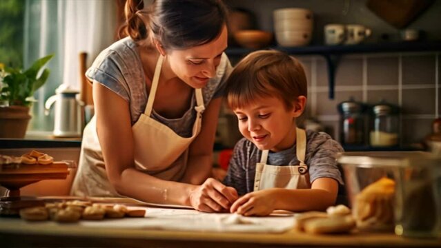 A smiling mom and her child bake cookies together in a kitchen