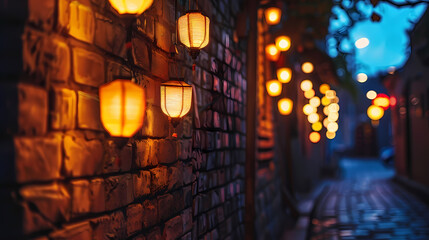 Dark street, old brick wall decorated with night lanterns. Empty street scene, neon light. Night view, blurred abstract bokeh light. --ar 16:9