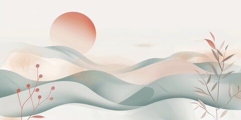 Abstract pastel landscape with hills and plants in trendy earthy colors. Minimalist hand drawn vector illustration.