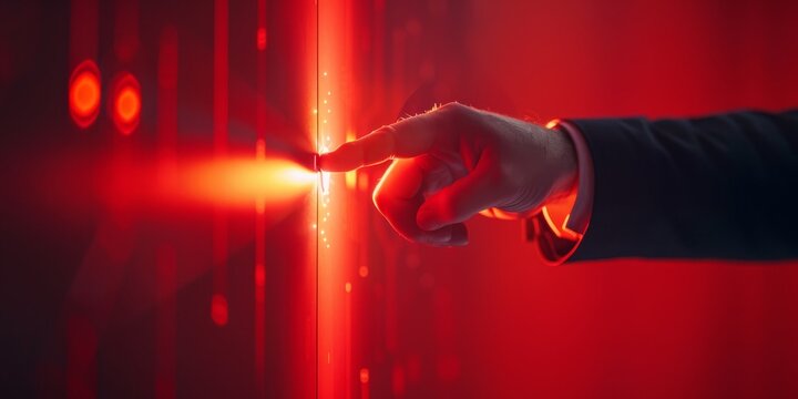 Finger pressing a button on a digital screen with red light