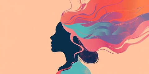 The illustration shows a woman with flowing hair made of colorful waves.
