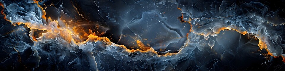 Dramatic Black Marble Textured Background with Fiery Fractal Patterns and Chaotic Geological Formations