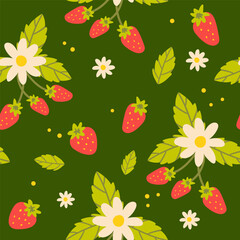 Seamless pattern with strawberries. Modern seamless strawberry pattern with leaves, branches and flowers. Contemporary summer botany art print.