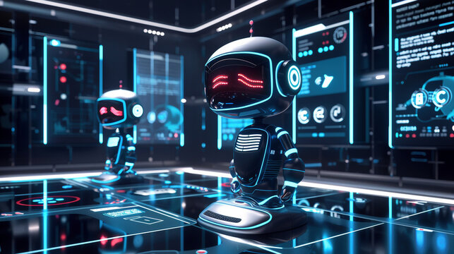 Futuristic AI Chatbots Assisting Customers in Virtual Space