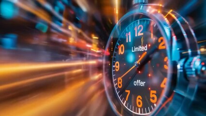 Animation of a stopwatch with glowing trails signifying speed, urgency, and the passing of time. Sparks and light rays emphasize the concept of a limited-time offer, creating a sense of urgency