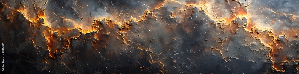 Poster Black marble texture background with fiery and dramatic scorched cracked patterns and fractal-like elements,creating a powerful and intense abstract