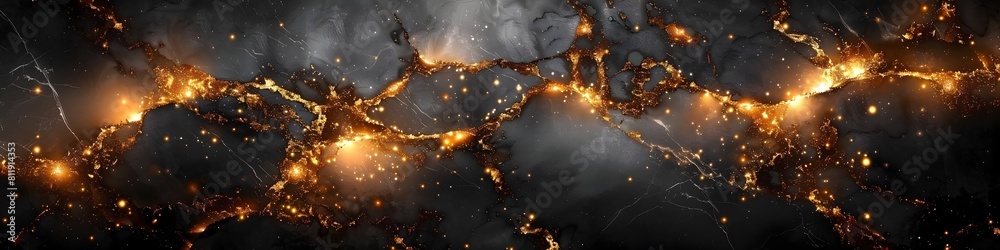 Poster dramatic black marble texture with fiery highlights and glowing fractal patterns