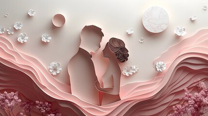 Flat Design Duo in Modern Monochromatic D Rendered Wedding Theme - obrazy, fototapety, plakaty