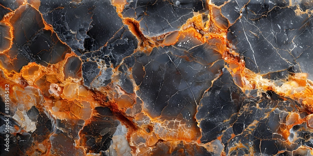 Aufkleber Black marble texture with vibrant orange fractal patterns creating a stunning and luxurious natural abstract background for creative design projects