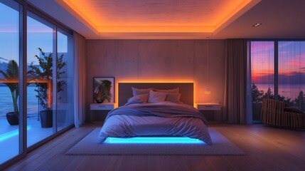 A modern bedroom featuring a spacious bed with an expansive view of the ocean through large windows