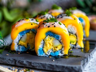 A plate of sushi with blue and yellow sauce.