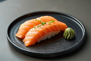Two pieces of salmon sushi on a black plate. - obrazy, fototapety, plakaty