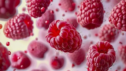 A close up of raspberries floating in water. - obrazy, fototapety, plakaty