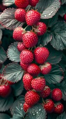 A close up of strawberries on a plant. - obrazy, fototapety, plakaty