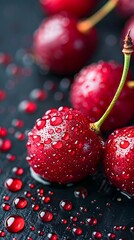 A close up of cherries with water droplets on them. - obrazy, fototapety, plakaty