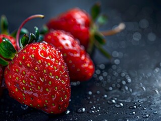 A close up of strawberries with water droplets. - obrazy, fototapety, plakaty