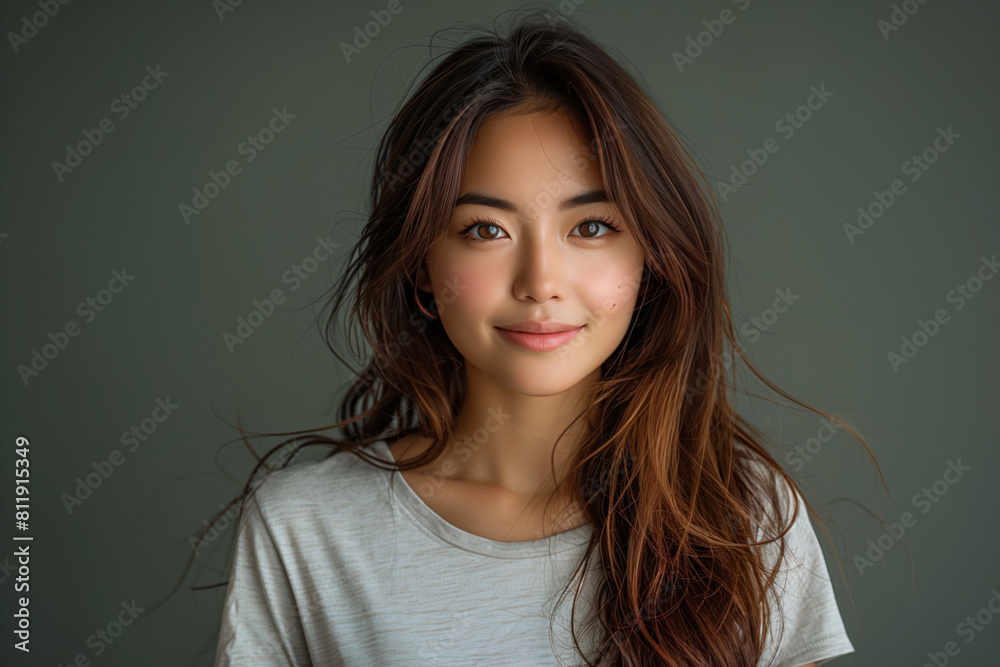 Poster Asian woman with long hair in gray t-shirt against dark grey blank background with copy space