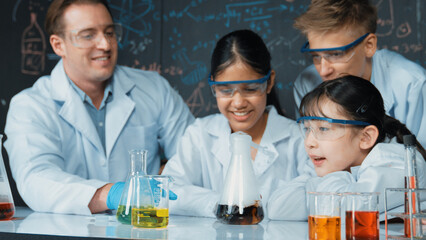 Girl looking at beaker while doing experiment at blackboard with chemistry theory in STEM class....