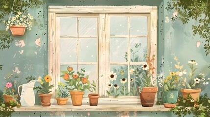 Cozy Cottage Window Filled with Lush Greenery and Blooming Flowers