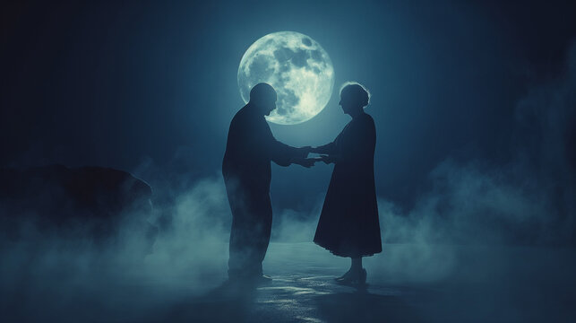 An enchanting image of an elderly couple holding hands as they share a dance in the moonlight, their affectionate bond evident in their graceful movements. Dynamic and dramatic com