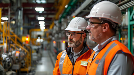Two engineers, one with a beard, discuss work over blueprints in a busy industrial manufacturing plant.