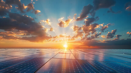 Stunning sunrise over a vast solar panel installation on the ocean, symbolizing renewable energy advancement. - Powered by Adobe