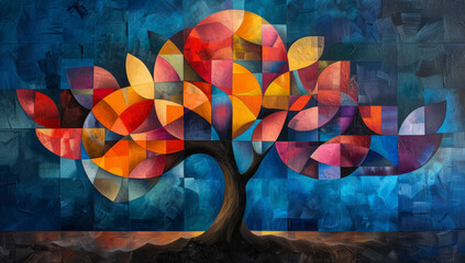 Colorful Abstract Tree Art Featuring Geometric Patterns and Vibrant Hues