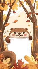 Curious Otter Peeking from Autumnal Forest Foliage