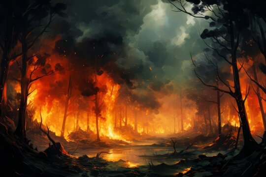 Bright flames in contrast to a raging wildfire in a lush forest